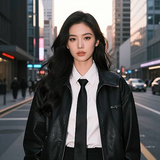Photograph of an Asian woman with long black hair, wearing a black leather jacket, white shirt, and black tie, standing confidently on a busy urban