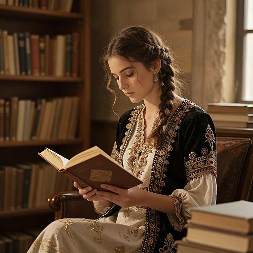 Young woman with braided hair, wearing ornate black and white dress, reads book in sunlit, book-filled library. Photographic realism.