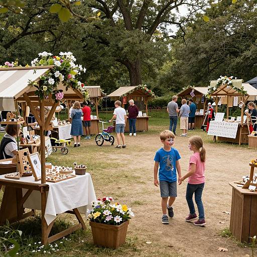 Photograph of a sunny outdoor market with wooden stalls, flowers, children walking, trees in background, people browsing, and a tricycle.