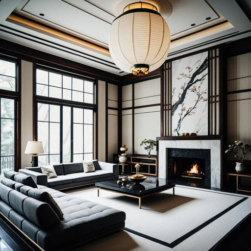 Modern Japanese Luxurious Living Room with Fireplace