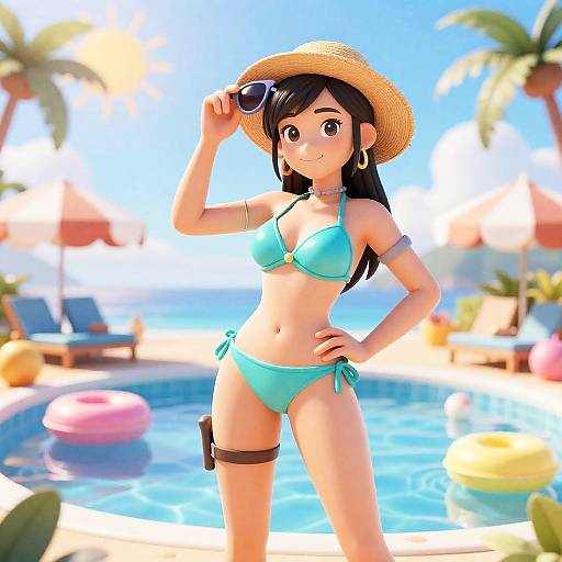 3D Render of Woman in Retro Bikini at Pool Party