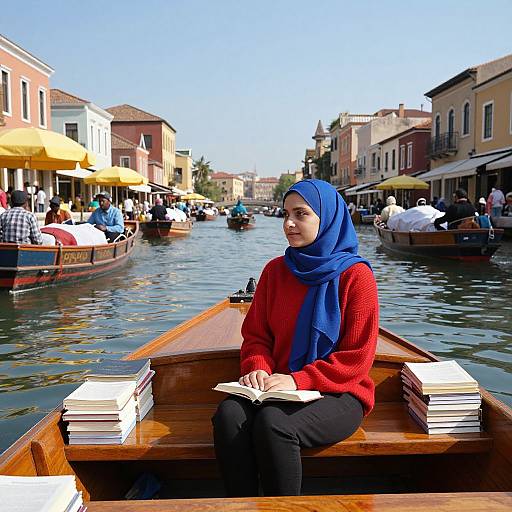 Photograph of a smiling woman in a blue hijab and red sweater, sitting in a wooden gondola with books, on a busy Venice canal