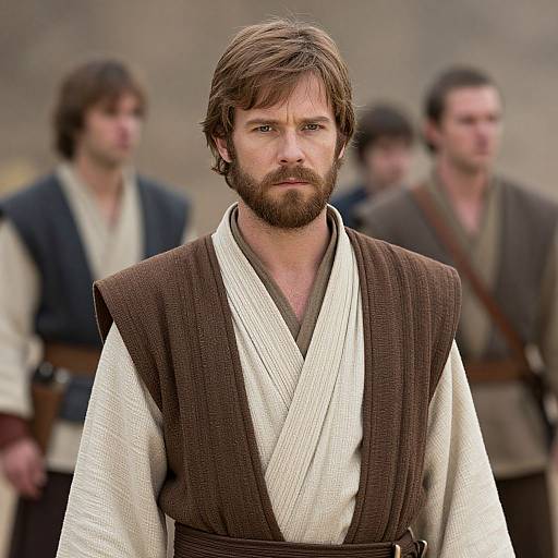 Photograph of a bearded man with brown hair, wearing a brown and white Jedi robe, standing in front of blurred, similarly dressed men, in