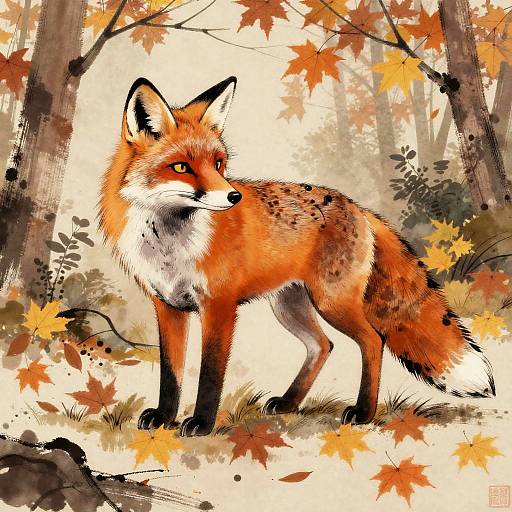 Digital illustration of a red fox with orange fur, black ears, and white chest, standing in an autumn forest with orange leaves.