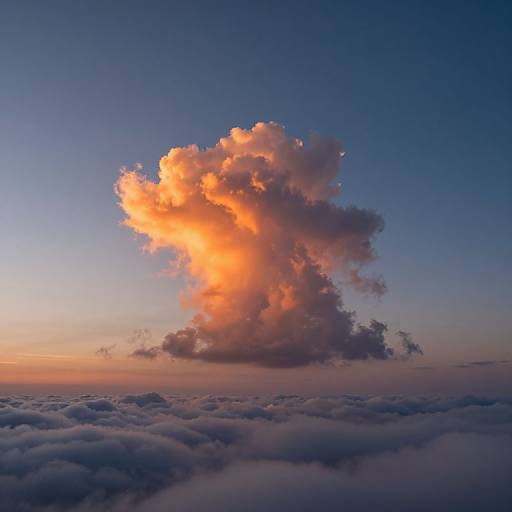 Photograph of a dramatic, orange-lit cumulus cloud towering above a sea of fluffy white clouds during a sunset, with a gradient blue to pink