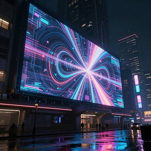 Nighttime photograph of a city street featuring a large digital billboard displaying vibrant, neon-colored, swirling light patterns, reflecting on wet pavement. Tall buildings with
