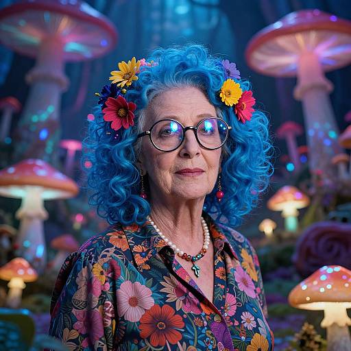 Photograph of an elderly woman with blue curly hair, floral headpiece, glasses, and floral shirt, surrounded by glowing mushrooms in a whimsical,