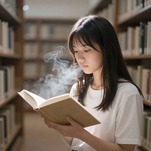 Photograph of an Asian woman with long black hair, wearing a white shirt, reading a book with visible steam, in a library with blurred booksh