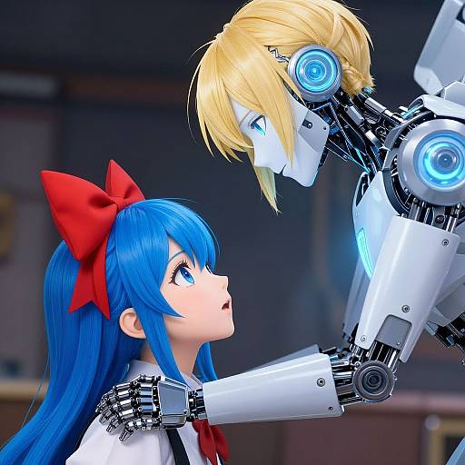 CGI anime-style image: Blue-haired girl with red bow gazes up at a blonde, blue-eyed, robotic boy with glowing eyes, his metal