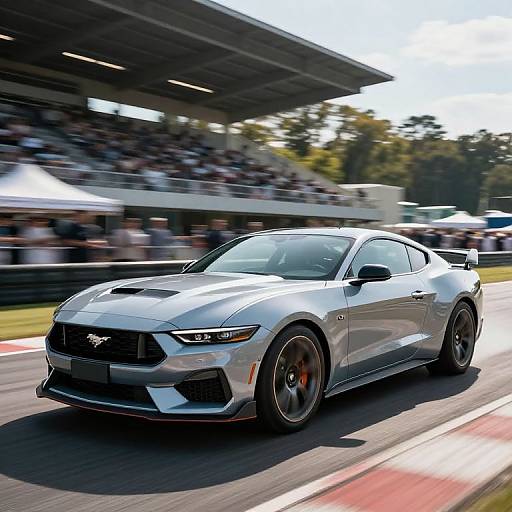 Photograph of a silver Ford Mustang racing on a track, blurred crowd and grandstand in the background, bright sunlight, dynamic motion.