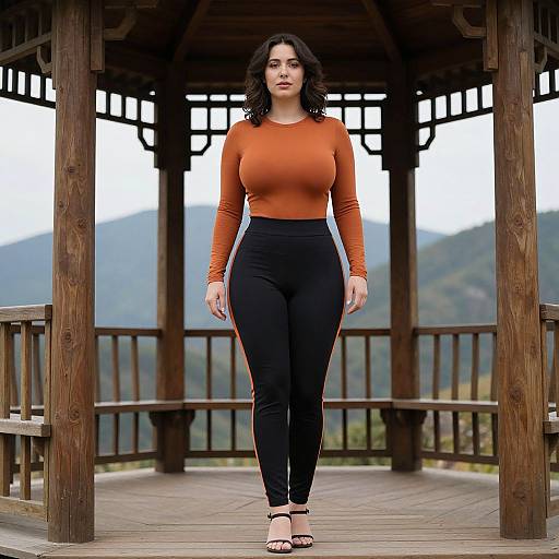 Photograph of a curvy woman with dark curly hair, wearing an orange long-sleeve top and black pants, standing confidently on a wooden gaze