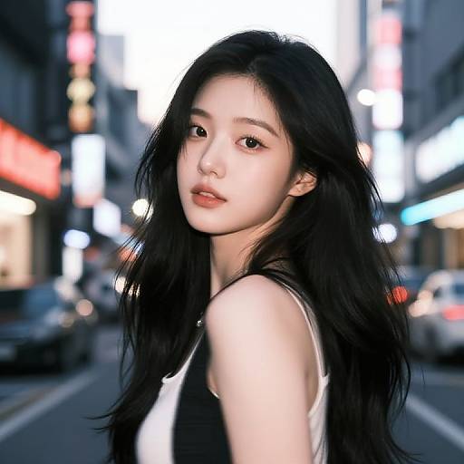 Photograph of an East Asian woman with long black hair, wearing a white sleeveless top, standing on a neon-lit urban street at night,