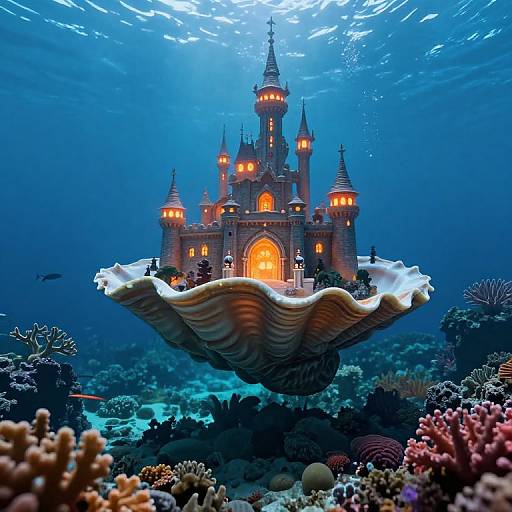 Photorealistic digital image of an underwater castle with glowing orange windows, floating on a large seashell, surrounded by colorful coral reefs and marine life