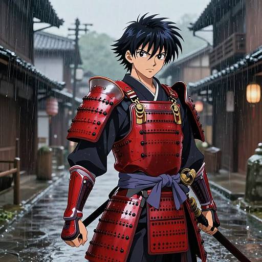 Anime-style drawing of a black-haired samurai in red armor standing in a rainy Japanese street, holding a sword, with traditional buildings in the background.