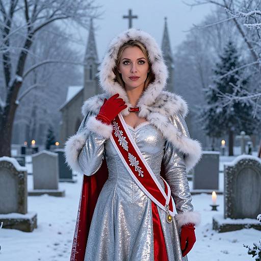 Photograph of a woman in a silver, snowflake-patterned dress with a red and white fur-trimmed hood, standing in a snowy cemetery