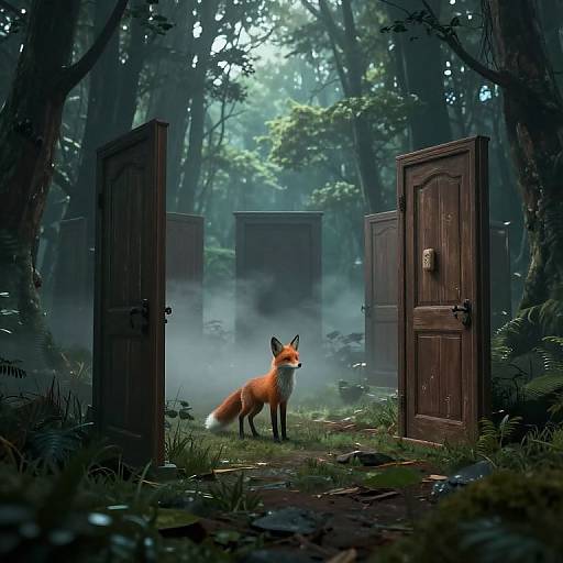 Surreal Cyberpunk Fox in Misty Doors