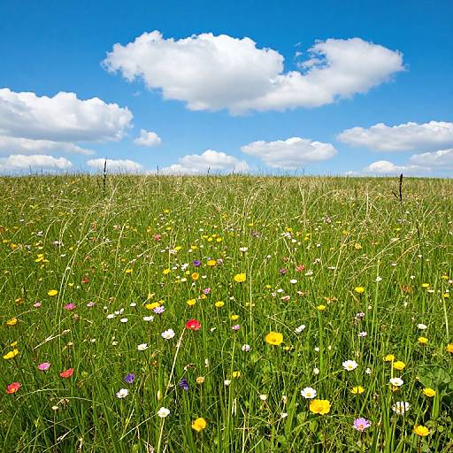 Vibrant photograph of a lush green meadow filled with colorful wildflowers, under a bright blue sky with fluffy white clouds.