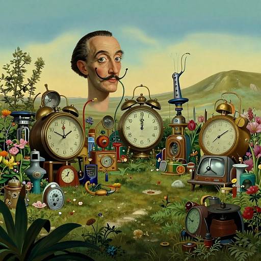 Surreal digital art: a cartoonish man with a pipe, surrounded by clocks, vintage gadgets, and flowers in a lush, grassy me