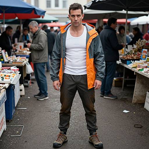 Photograph of a muscular man with short dark hair, wearing an orange jacket over a white tank top, black pants, and brown boots, standing in