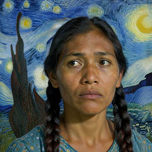 Photorealistic portrait of a woman with braided hair, brown skin, and serious expression, set against a colorful, swirling night sky inspired by Vincent