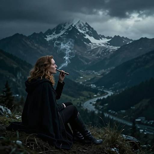 Photograph of a woman with wavy blonde hair, wearing a black cloak, smoking a pipe, sitting on a mountain ledge with a dramatic, cloudy