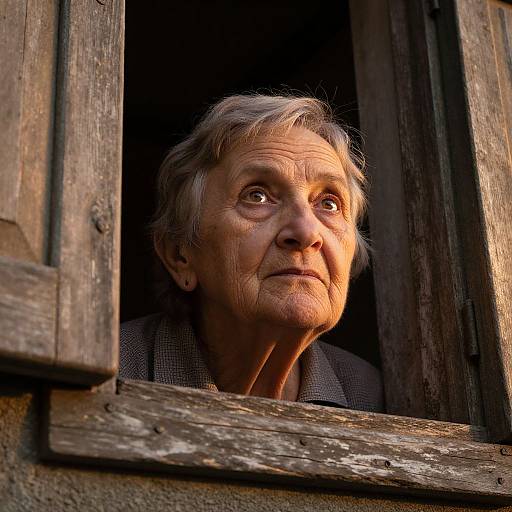 Photograph of an elderly man with gray hair, wrinkled face, and deep-set eyes, looking pensively out of a weathered wooden window.