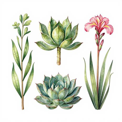 Watercolor painting of four distinct plants: tall green leaves, green succulent, larger blue-green succulent, and pink iris with green leaves.