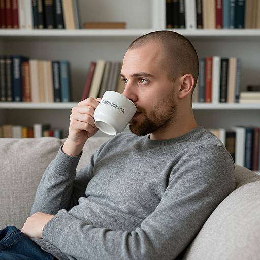 Relaxed Man Enjoying Tea Among Books