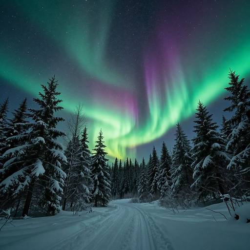 Photograph of a snowy forest at night with vibrant green, purple, and yellow Northern Lights illuminating the starry sky above.