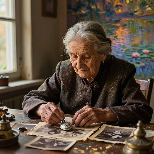 An elderly woman with white hair, wearing a dark, textured blouse, sits at a wooden table, meticulously drawing an old photograph with a silver pen.