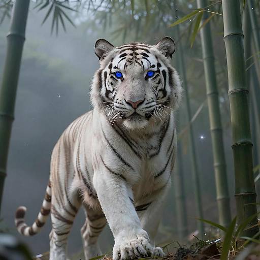 White Tiger with Sapphire Blue Eyes in Misty Bamboo Grove