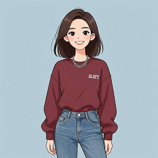 Digital anime-style drawing of a smiling young woman with black hair, wearing a maroon 