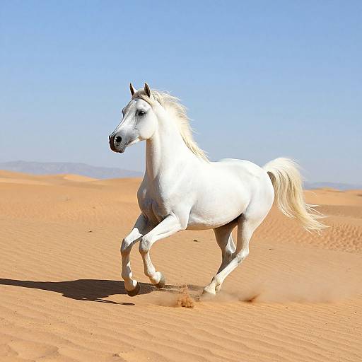 Photograph of a white horse galloping in a bright blue, cloudless sky over an endless, sunlit, orange desert sand dune.