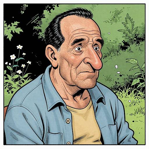 Digital illustration of a middle-aged man with a receding hairline, wearing a blue shirt over a yellow t-shirt, sitting in a grassy,