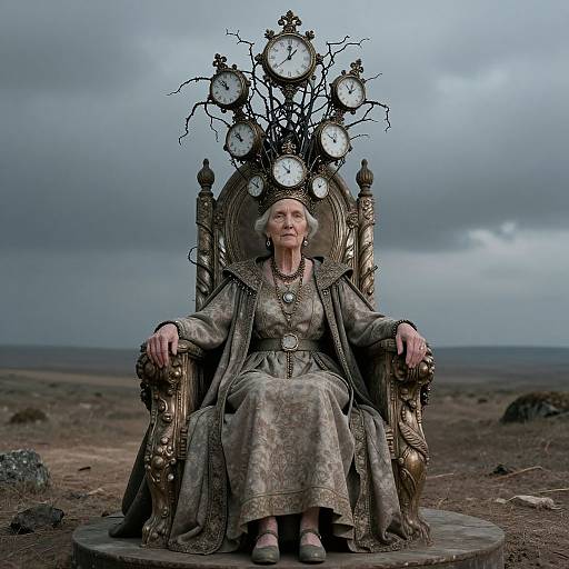 Photograph of a regal elderly woman in a gray, ornate dress, seated on a throne with a crown of clock faces, against a cloudy
