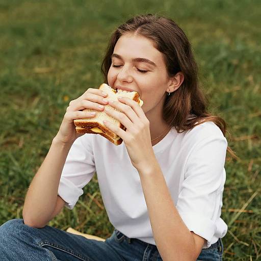 Young Woman Enjoying Sandwich Outdoors