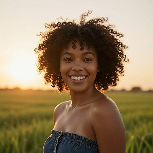 Photograph of a smiling black woman with curly hair, wearing a strapless blue top, standing in a sunlit field at sunset.