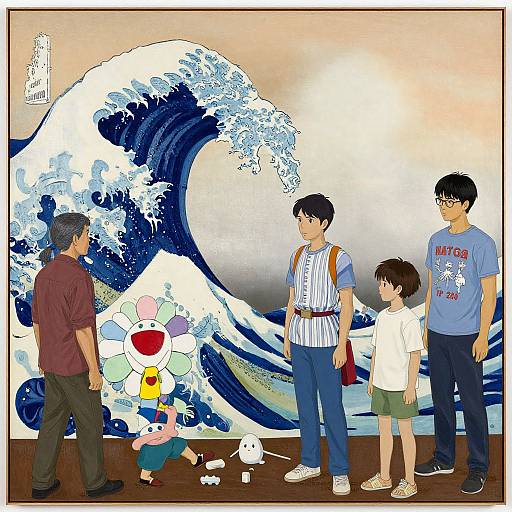Digital artwork: Family with four men, one boy, and cartoon characters in front of Hokusai's 