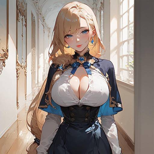 Digital anime-style drawing of a blonde woman with blue eyes, large breasts, blue and white outfit, blue earrings, standing in a sunlit, orn