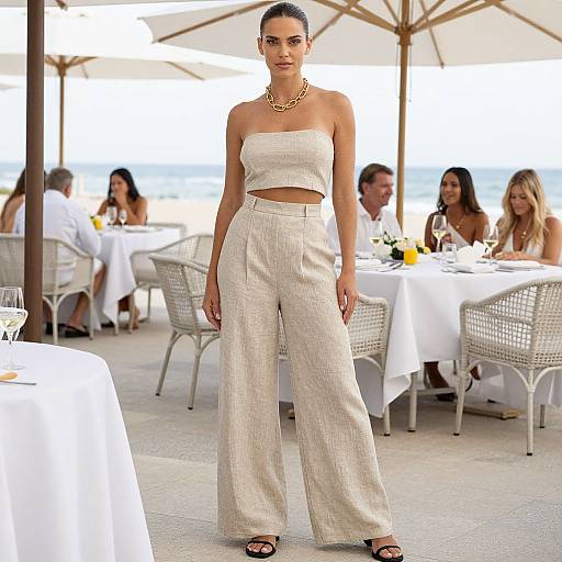 Photograph of a confident woman with dark hair in an updo, wearing a strapless white crop top and high-waisted wide trousers, standing