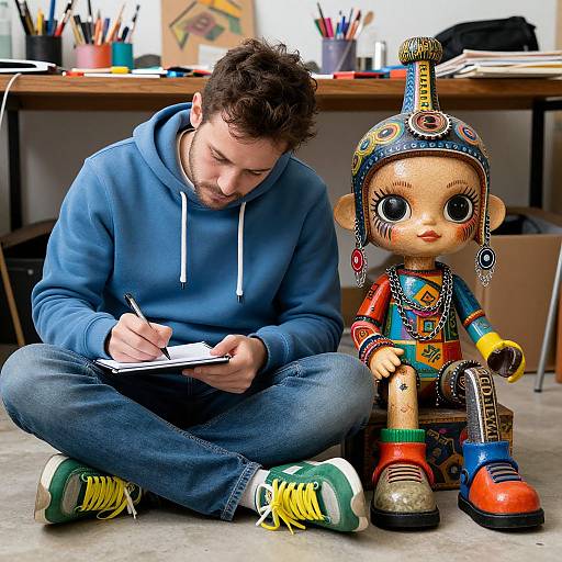 Photograph of a young man in a blue hoodie, writing in a notebook, seated next to a colorful, stylized wooden doll with large eyes,