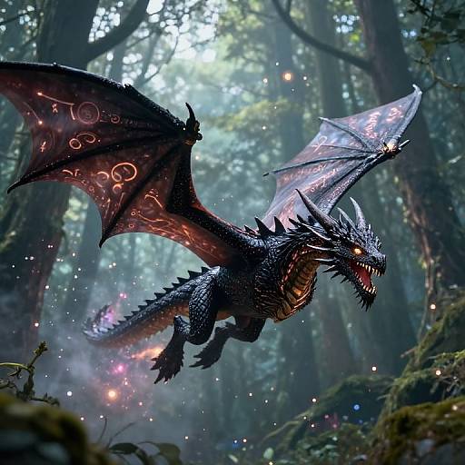 Digital fantasy artwork of a dark, bioluminescent dragon with glowing patterns, sharp claws, and wings, soaring through a misty forest illuminated by