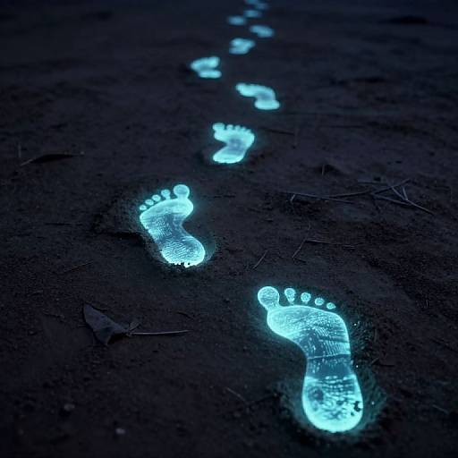 Photograph of glowing blue neon footprints in dark soil, creating a luminous trail that fades into the distance.
