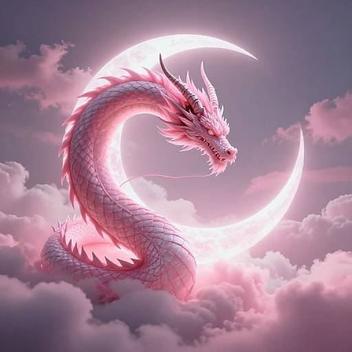 Digital artwork of a glowing pink dragon with a crescent moon halo, surrounded by pink clouds, with intricate scales and fierce expression.