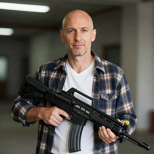 Bald Man with Rifle in Indoor Setting