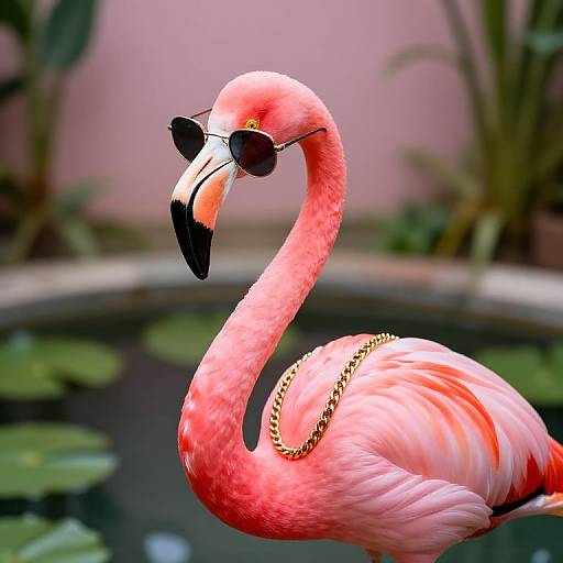 Stylish Pink Flamingo with Sunglasses and Gold Chain