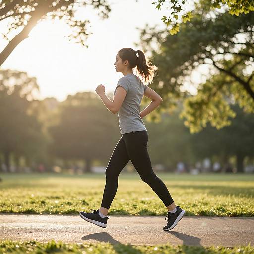 Photograph of a fit woman with brown hair in a ponytail, wearing a gray t-shirt, black leggings, and blue sneakers, jogging on a