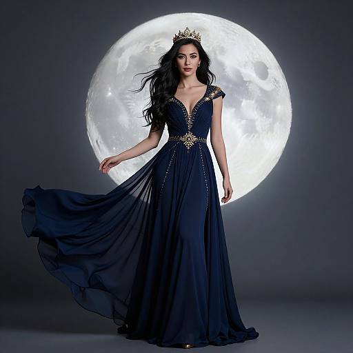 Photograph of a fair-skinned woman with long black hair, wearing a dark blue, V-neck gown with gold embellishments and a crown, standing