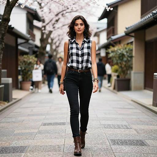 Photograph of a young woman with curly dark hair, wearing a black-and-white checkered sleeveless shirt, black pants, and brown boots, walking