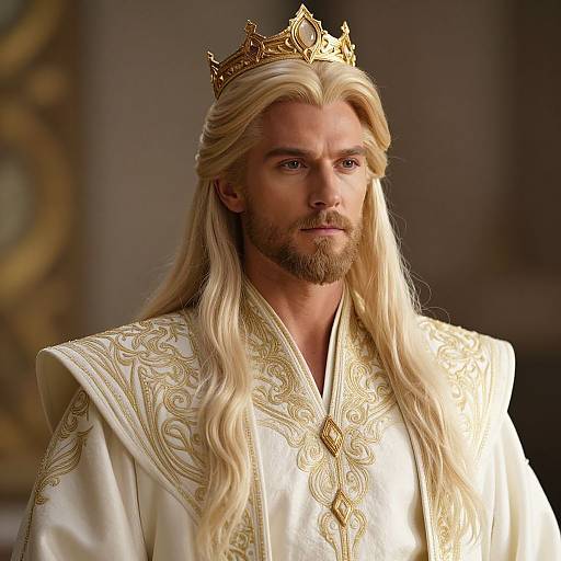 Photograph of a handsome, bearded man with long blonde hair, wearing a golden crown and ornate white and gold royal robe, looking serious.
